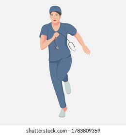 Vector graphic illustration of a female doctor or nurse running with stethoscope. Responsive, emergency concept