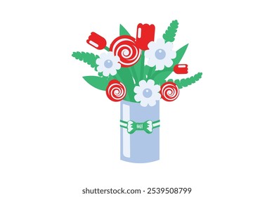 Vector graphic illustration of festive bouquet in a vibrant palette in solid cartoon style. Delightful mix of flowers and green leaves