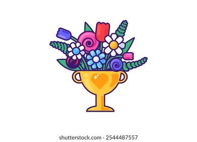 Vector graphic illustration of festive bouquet of flowers in a vibrant palette in stroked cartoon style. The bouquet is housed within a golden cup. Delightful mix of flowers and green leaves