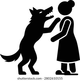 Vector graphic illustration of a fierce wolf confronting a stylized human figure, depicting a clear depiction of danger and an imminent threat.