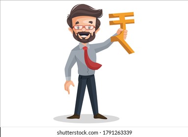 Vector graphic illustration. Financial advisor is showing an Indian rupee icon. Individually on a white background.