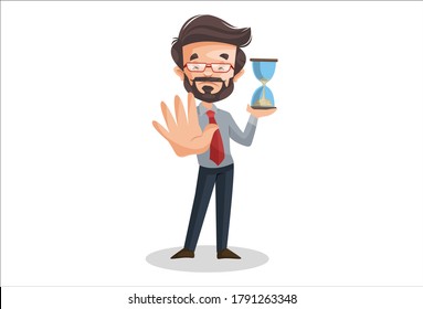 Ilustración gráfica vectorial. El asesor financiero está sosteniendo el temporizador de vidrio horario en la mano y mostrando el signo de paro. Individualmente sobre un fondo blanco.