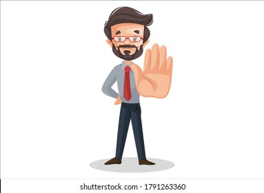 Vector graphic illustration. Financial advisor with a stop hand sign. Individually on white background.