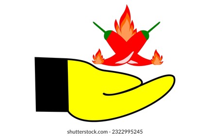 vector graphic illustration of fire and chilli on the hand. chilli sign above hand. vector combinated of hand,chilli, fire, red, yellow, black, and green