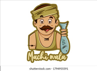 Vector graphic illustration of a fish seller. Machi Wala Hindi text translation - Fish seller. Individually on a white background.