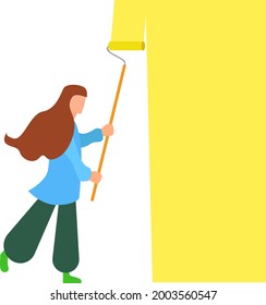 ilustración gráfica vectorial, diseño plano, pared de pintura de niñas, pared en color amarillo, componente de fondo, realización de actividades domésticas