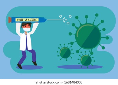 Vector Graphic Illustration of Flat Scientist, Doctor, Virologist Man Holding Injection Fight For Virus Disease Using Vaccine As Weapon Illustration, and Researching For Virus Vaccine For Cureness. 