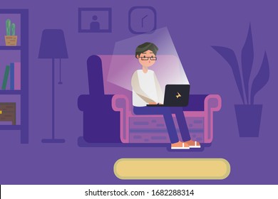 Vector Graphic Illustration of Flat Young Glasses Man Working At Home Until Late Night, Working From Home, and Stay At Home