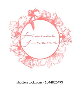 Vector graphic illustration. Floral frame with peonies flowers.