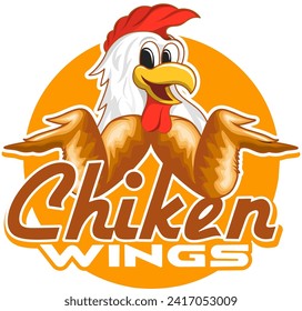 vector graphic illustration, food logo, chicken logo, chicken wing logo, chicken mascot, with a design concept of two wings and a chicken head mascot, with a combination of golden brown colors, suitab