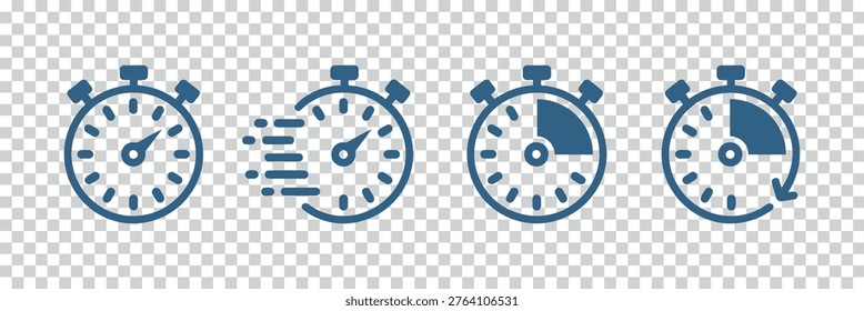 Vector graphic illustration of four blue stopwatch icons with different designs on a transparent background. - Powered by Shutterstock - Get 15% off with code: PIKWIZARD15