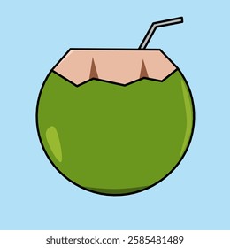 Vector graphic illustration of a fresh green coconut drink. With a beach and holiday vibe, suitable for a logo or icon. A simple illustration in a cartoon style. Green coconut.