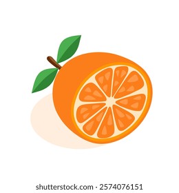 Vector graphic illustration of fresh orange and halved orange slices isolated on white background. Ideal for health, nutrition and fruit-related themes.	