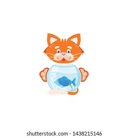 Vector graphic illustration. Funny Orange cat hugs aquarium with a small fish. Logo concept for a pet shop. Symbol, sign, emblem, logo, label. Isolated elements on white background.
