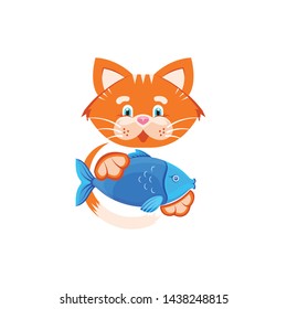 Vector graphic illustration. Funny Orange cat holding a small fish in its paws. Logo concept for a pet shop and a vet clinic. Symbol, sign, emblem, logo, label. Isolated elements on white background.
