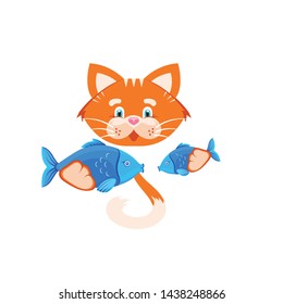 Vector graphic illustration. Funny Orange cat holds two small fishes in paws. Logo concept for a pet shop and a vet clinic. Symbol, sign, emblem, logo, label. Isolated elements on white background.