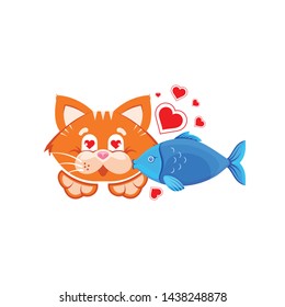 Vector graphic illustration. Funny orange cat kisses a fish on the background of red hearts. Logo concept for a pet shop and a vet clinic. Symbol, sign, emblem, logo, label.