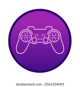 Vector graphic illustration of a game controller icon in a stylish purple circle featuring the outline of a game controller, symbolizing video games and technology.