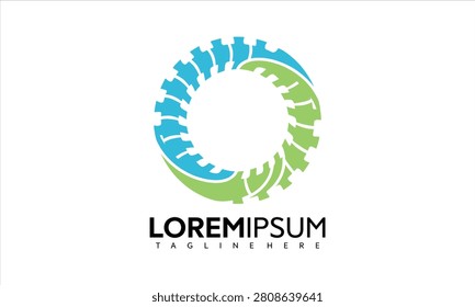 A vector graphic illustration of a gear circle with blue and green cogs and Loremipsum text on a white background for business or technology design