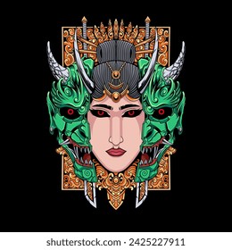 Vector graphic illustration of geisha with green oni mask isolated on dark background
and ornaments suitable for t-shirt designs