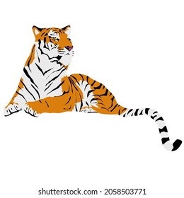 Ilustración gráfica vectorial de un animal gigante, naranja, tigre rayado, tendido en el suelo con un aspecto majestuoso