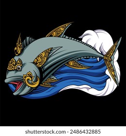 Vector graphic illustration of giant trevally fish with ornaments and waves isolated on a dark background suitable for t-shirt design