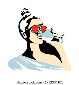 Vector graphic illustration of girl, drinking wine. Beautiful silhouette simple close up face with sunglasses, wineglass. minimalistic style, vintage, street art, Vector design, hand drawn sketch