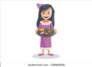 Vector graphic illustration. A girl holding the plate in hand and celebrating the Raksha Bandhan. Individually on a white background.	
