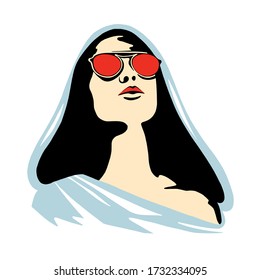 Vector graphic illustration of girl in the hood. Beautiful silhouette simple close up face with sunglasses, minimalistic style, vintage, street art, Vector design, hand drawn sketch. Print for t shirt