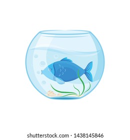 Vector graphic illustration. Glass aquarium with a blue fish. Cartoon character for printing goods for pet store, signboard, pet food, advertising logo concept. Badge, symbol, emblem, label, logo.