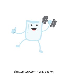 Vector graphic illustration of a glass of milk, showing fun and easy to lift the barbell. Good for kids education books cover, milk packaging, nutrition, kids food cover, etc