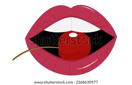 Vector Graphic Illustration of Glossy Pink Lips Biting a Cherry