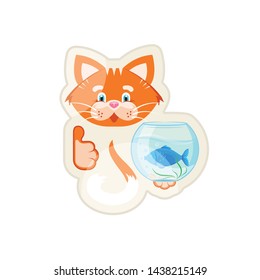 Vector graphic illustration. Glossy sticker.  Funny Orange cat holding an aquarium with small fish. Concept for a pet shop. Symbol, sign, emblem, logo, label. Isolated elements on white backgroun