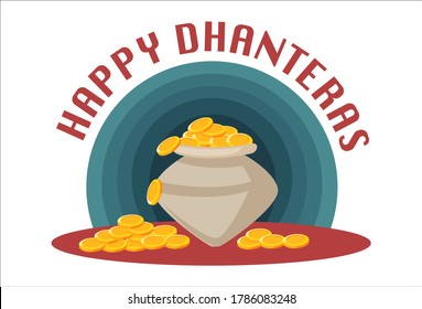 Ilustración gráfica vectorial. Monedas de oro en maceta. Feliz texto en hindi de Dhanteras. Individualmente sobre fondo blanco.	