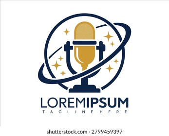 Vector graphic illustration of a gold microphone with a navy blue stand and ring surrounded by sparkles on a white background with Loremipsum text