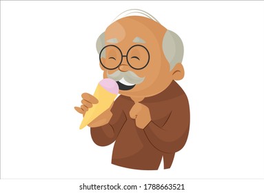 Vector graphic illustration. Grandfather is eating ice-cream. Individually on a white background.
