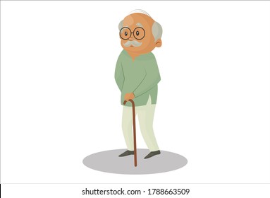  Vector graphic illustration. Grandfather is holding a walking stick in hand. Individually on a white background.