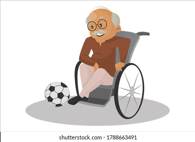 Vector graphic illustration. Grandfather is sitting in a wheelchair and kicking the football. Individually on a white background.