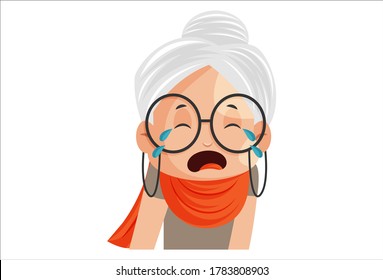 Vector graphic illustration. Grandmother is crying. Individually on a white background.	
