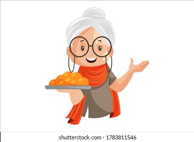 Vector graphic illustration. Grandmother is holding sweet plate in hand. Individually on a white background.	
