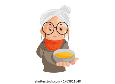 Vector graphic illustration. Grandmother is holding a bowl in her hand. Individually on a white background.