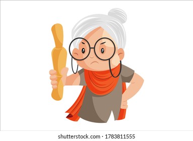 Vector graphic illustration. Grandmother is holding a rolling pin in her hand. Individually on a white background.	