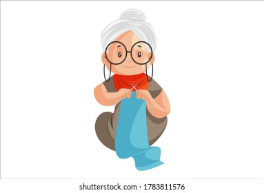 Vector graphic illustration. Grandmother is making sweaters by hand. Individually on a white background.