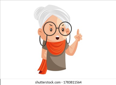 Vector graphic illustration. Grandmother is pointing the finger. Individually on a white background.	