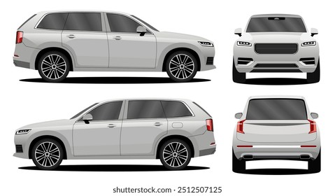 Vector gráfico ilustración gris SUV del coche en la parte delantera trasera y vista lateral aislado en fondo transparente
