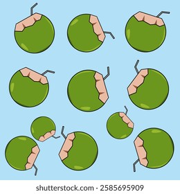 Vector graphic illustration of green coconuts, with a seamless pattern style. Green coconuts. A random freshness ready to be enjoyed!