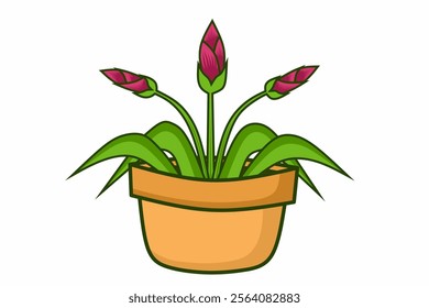 Vector graphic illustration of a green leafy potted plant with pink flower buds, showing botanical simplicity and natural essence. Ideal for home decor concepts, natural beauty and gardening hobby.