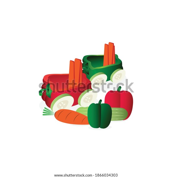 Vector graphic illustration of green and red paprika,\
carrot and cucumber to forming resemble to car food decoration. Fit\
to place on website banner, food packaging, icon, cookbook, food\
tabloid, etc