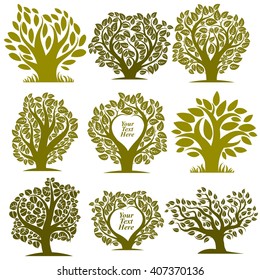 Vector graphic illustration of green trees with empty copy space for your text. Eco botanical single elements collection isolated on white background.