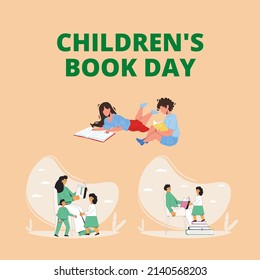 vector graphic illustration of a group of children reading a book. top view, perfect for learning materials and commemorating international children's book day